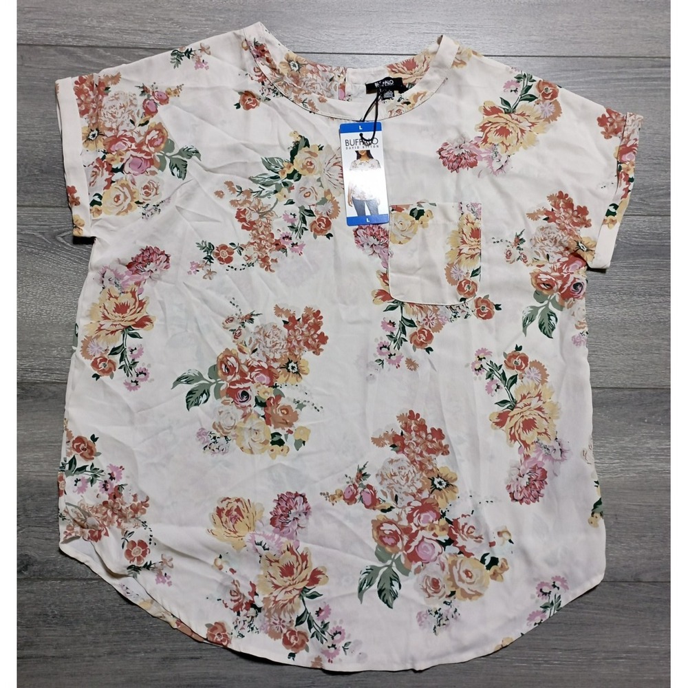 Buffalo David Bitton Blouse Womens Large Floral Woven Patch Pocket